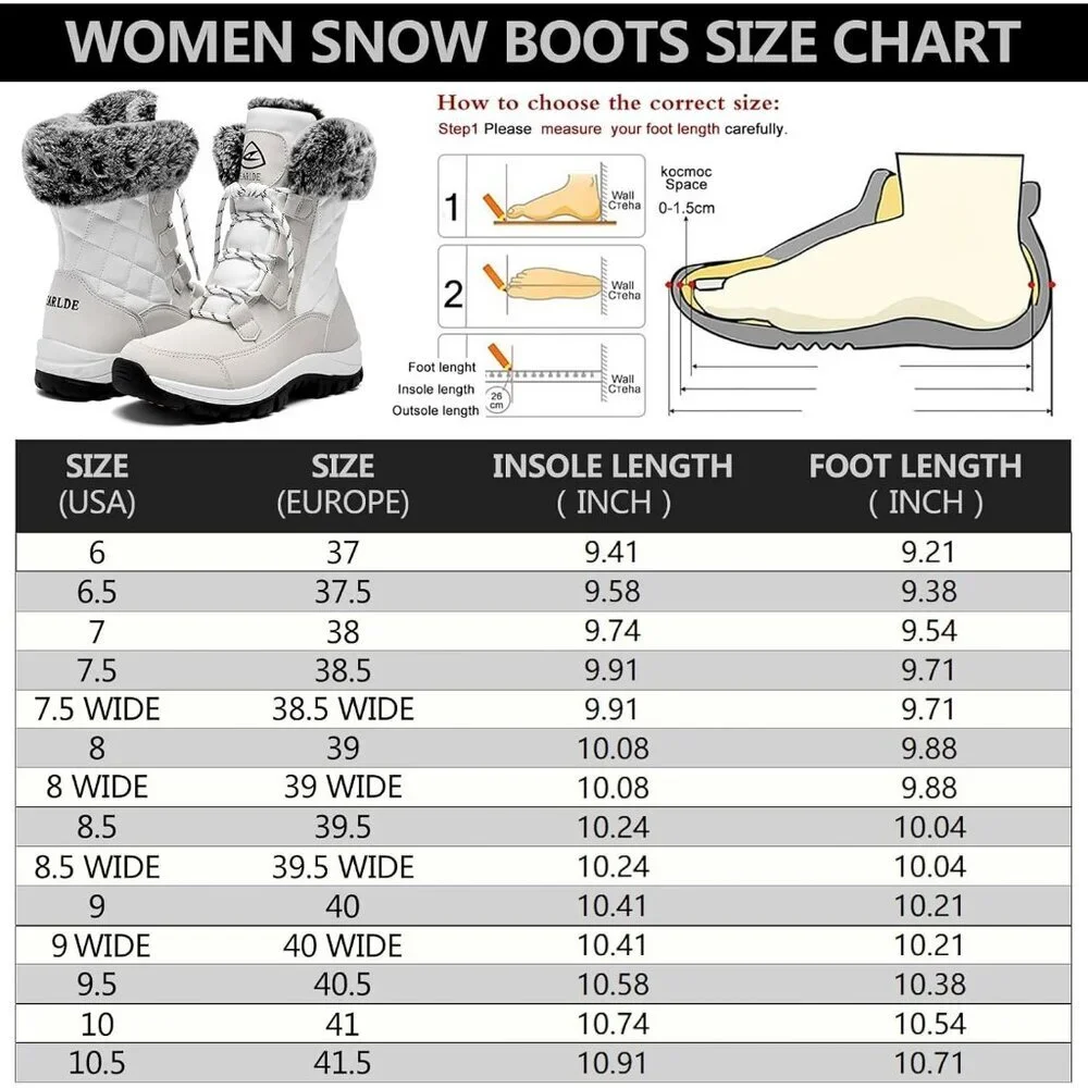 Women’s White Waterproof Snow Boots Mid-Calf Faux Fur Lined Non-Slip - Picture 2 of 9